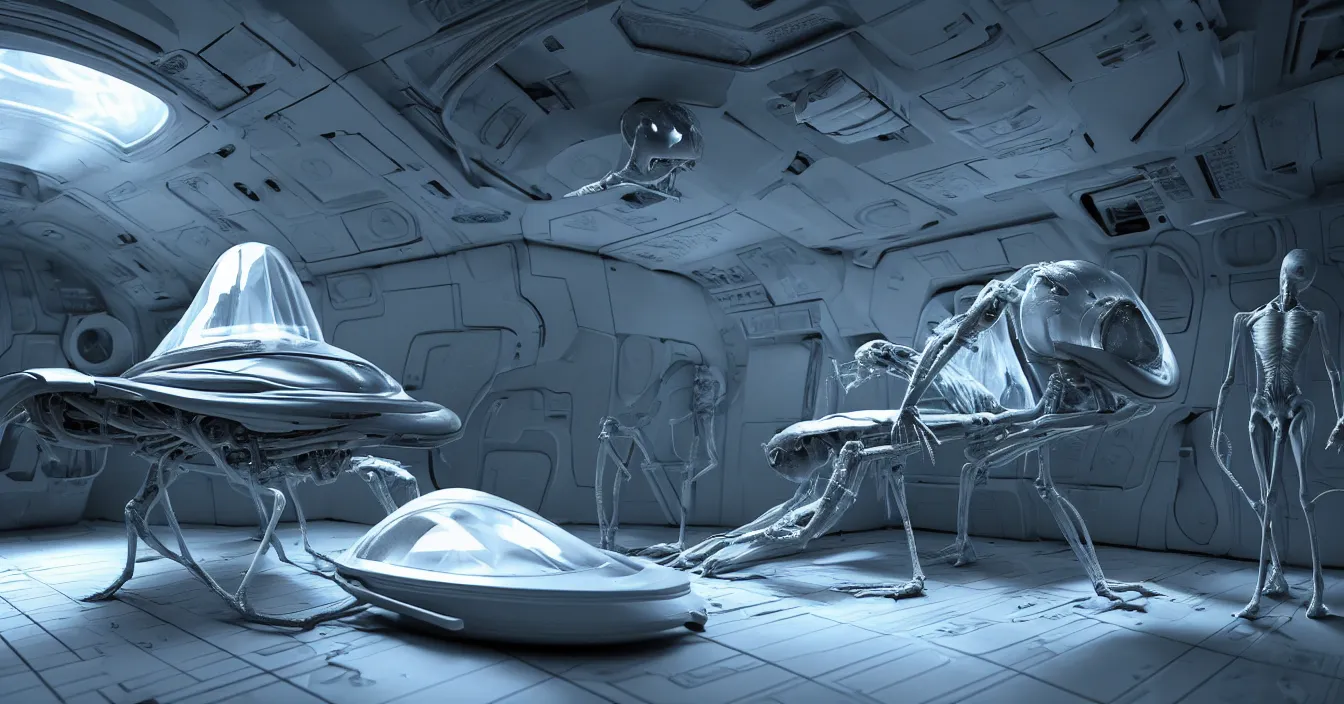 Prompt: very detailed interior of the alien spaceship with translucent skinny humanoid, standing near translucent coffin with dead body. strong ambient occlusion, reflections, raytracing, raymarching, subsurface scattering, from new scifi movie by ilm, digital domain, weta digital