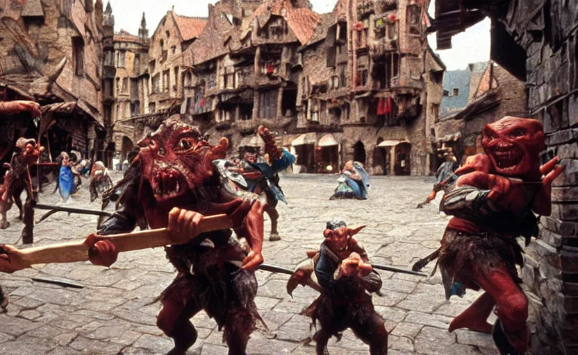 Prompt: movie still: goblins attack a medieval marketplace, by David Bailey, Cinestill 800t 50mm eastmancolor, heavy grainy picture, very detailed, high quality, 4k, HD criterion, precise texture and poses