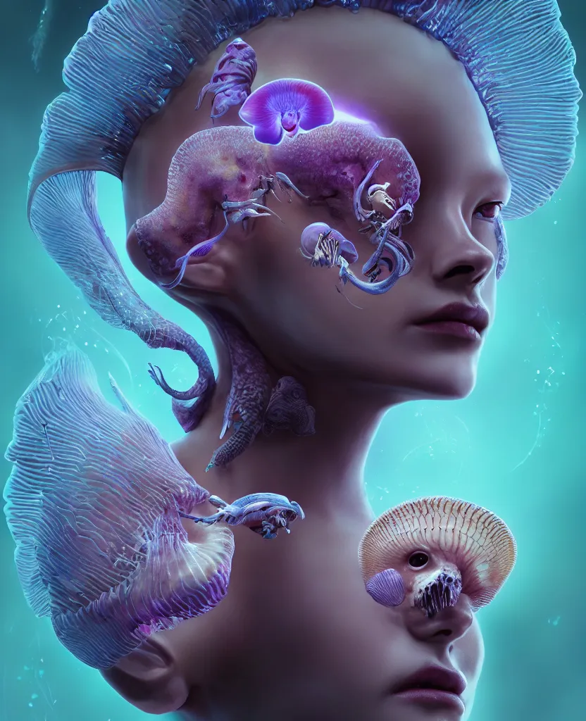 Prompt: goddess close-up portrait of princess face and ram skull. eyes. jellyfish phoenix head, nautilus, orchid, skull, betta fish, bioluminiscent creatures, intricate artwork by Tooth Wu and wlop and beeple. octane render, trending on artstation, greg rutkowski very coherent symmetrical artwork. cinematic, hyper realism, high detail, octane render, 8k