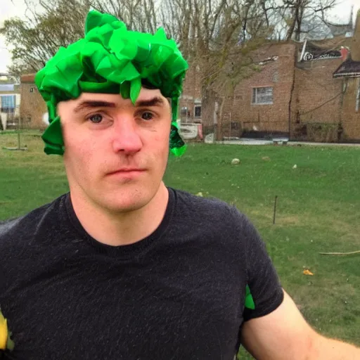 Prompt: Joe lysett with spinach on his head