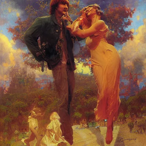 Image similar to john lennon and george harrison as zombies in heaven by gaston bussiere, craig mullins, j. c. leyendecker