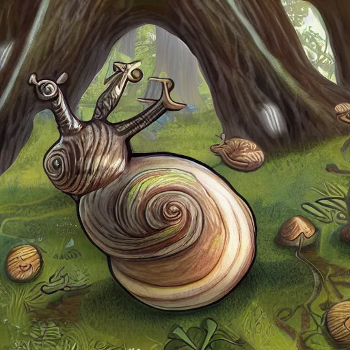 Image similar to friendly giant snail in fantasy feywild swamp, illustration