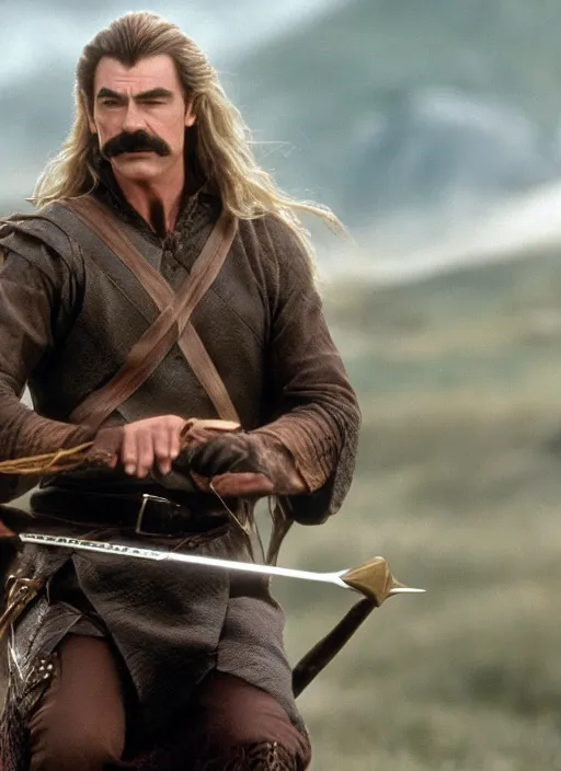 Prompt: film still of tom selleck as legolas in lord of the rings, 4 k