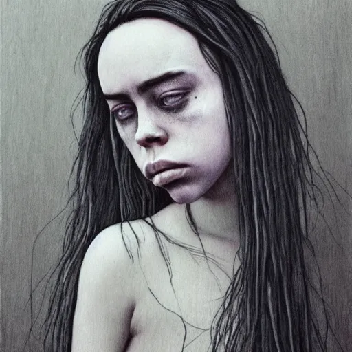 Prompt: grunge drawing of billie eilish by - Zdzisław Beksiński , stick figure style, horror themed, detailed, elegant, intricate