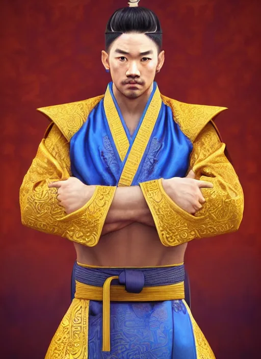 Image similar to male martial artist with a manchu hairstyle!!!! asian facial features and blue eyes!! intricate ornate blue robes!! character concept art, sharp focus, octane render! unreal engine 5! highly rendered!! trending on artstation!! detailed linework!! illustration by artgerm, wlop, and chie yoshii