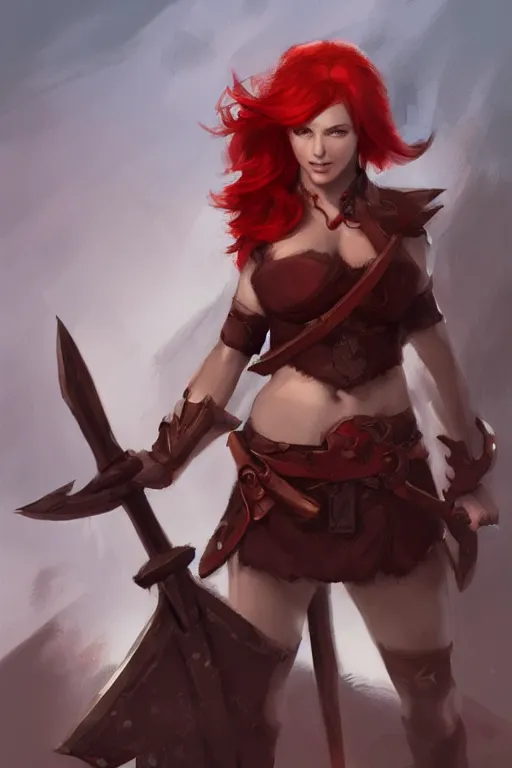 Image similar to a woman with red hair holding two large axes, concept art by senior character artist, artstation contest winner, fantasy art, concept art, artstation hd, 2 d game art