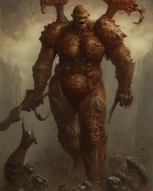 Prompt: full body portrait of martyn ford as huge towering bipedal horror beast with bulbous froglike torso fiery hair wearing armour walks down city street, people flee, painted by ruan jia, raymond swanland, lawrence alma tadema, zdzislaw beksinski, norman rockwell, jack kirby, tom lovell, alex malveda, greg staples