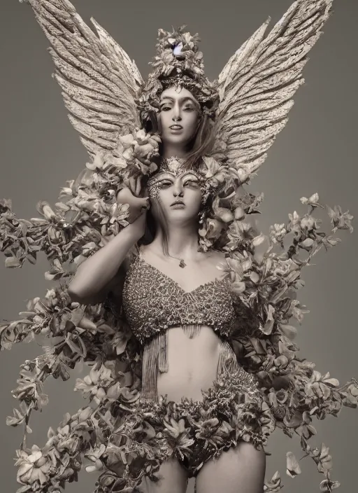 Prompt: full body environmental portrait photo of a goddess as angel, ornate headpiece made from flowers, ornaments, glamour shot by gemmy woud - binnendijk, chris knight, photorealistic, canon r 3, fashion photography, ornate, symmetrical features, octane render, unreal engine, solid dark grey background, clamp shell lighting, rim lighting