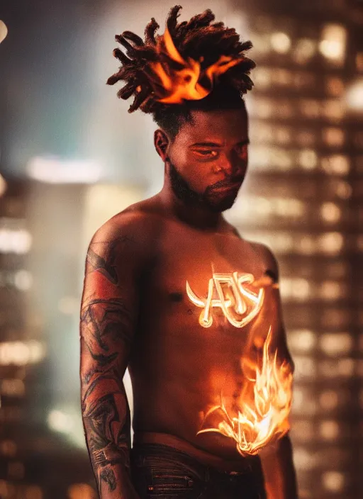 Image similar to Realistic Black man with fire tattoos, Dreadlock hair, city background, artistic pose, light atmosphere, cinematic shot, intricate, ornate, photorealistic, ultra detailed, realistic, 100mm, photography, octane, high definition, depth of field, bokeh, 8k, artstation