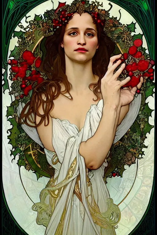 Image similar to realistic art nouveau style detailed portrait of alicia vikander wearing a holly wreath as a crown at christmas by alphonse mucha, charlie bowater, anddonato giancola art nouveau style, white red and green christmas colors