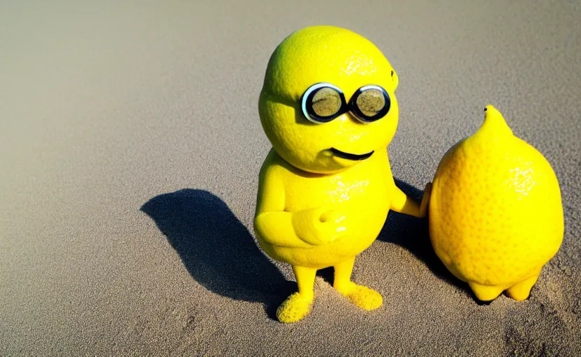 Image similar to 5 0 mm photograph, of a real anthropomorphic lemon cartoon character, it has lemon skin texture, it's wearing a hat and a vr head, building a sandcastle on the beach at sunset, beach, waves, sun, clouds, tropical trees, rim light, sand, sandcastle, volumetric lightening, pentax k 1 0 0 0