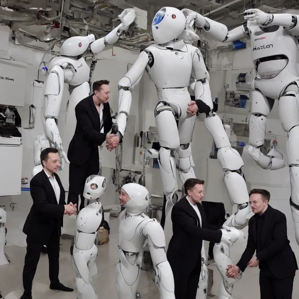 Image similar to photo pf a humanoid robot shaking hands with elon musk