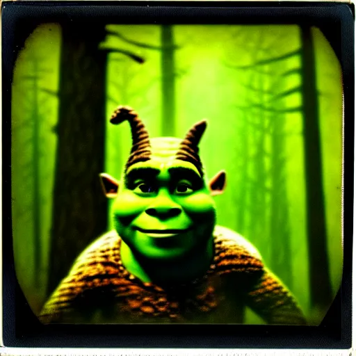 Image similar to 1 9 6 0's old polaroid of shrek staring from the depths of the dark gloomy forest, photorealistic, grainy, found footage, old film, low quality, horror, creepy, unsettling, liminal, strangely terrifying