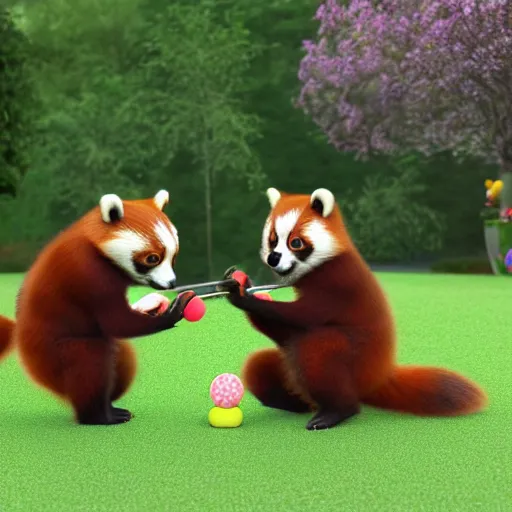 Image similar to very cute friendly happy high energy red pandas at a garden party playing croquet, artwork by mark brooks, 3D render, UE5, 8K, 4K