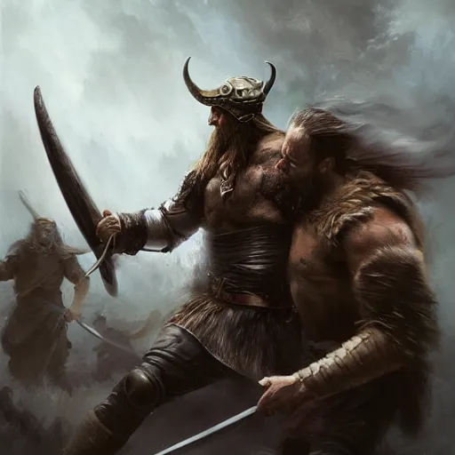 Image similar to a beautiful painting of a Viking attacking another man, by raymond swanland, featured on artstattion