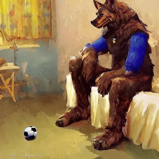 Image similar to a humanoid german shepherd beast - man, sitting and watching a soccer match in his house on television, he has hurt his knee and is a dad, by erin hanson, alexi zaitsev, karl spitzweg, award winning, tv set