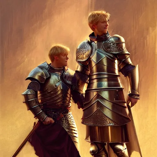 Image similar to attractive arthur pendragon and his favourite attractive male knight, they are in love, camelot, natural lighting, path traced, highly detailed, high quality, digital painting, by gaston bussiere, craig mullins, j. c. leyendecker