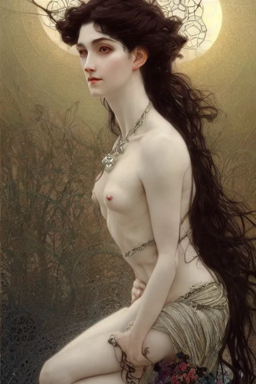 Image similar to thin goddess of moon, long dark hair, sad eyes, pale skin, silver and pearl jewelry, fantasy, intricate, highly detailed, digital painting, artstation, concept art, smooth, sharp focus, art by art by Artem Demura and Alphonse Mucha, ArtGerm, valentina remenar, ruan jia