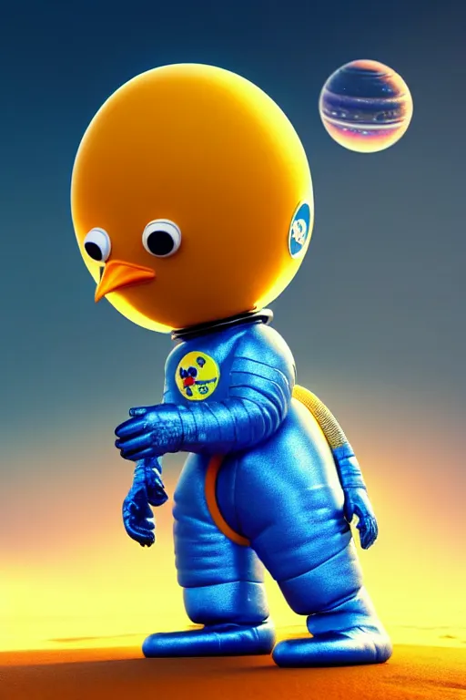 Image similar to a lonely chicken wearing a space suit without helmet in a alien planet, profile picture, digital art, concept art, trending on DeviantArt, highly detailed, high quality, 4K, cartoon, high coherence, path traced, blue sky in the background, octane render, digital painting, no helmet, masterpiece, anatomically correct, hyperrealistic