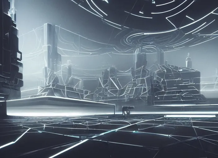 Image similar to cult of technology, exterior, scifi, temple, machines, robots, ultra realistic, transparent labs, metallic surface, highly detailed, white, futuristic landscape, city, utopian architecture, atmosphere, masterpiece, portals, epic lighting, glowing wires, mysterious, 4 k, cinematic, art by patryk olkiewicz and chris ostrowski and liang yao