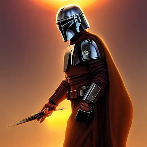 Image similar to a young blonde male jedi with short hair standing still looking at the sunset concept art by Doug Chiang cinematic, realistic painting, high definition, concept art, the Mandalorian concept art style