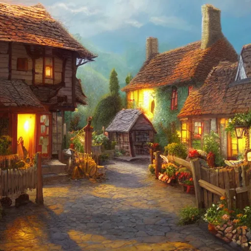 Prompt: Quaint village, by William Henrits, Hovik Zohrabyan, Linda Wilder, Ken Hong Leung, Johan Messelm