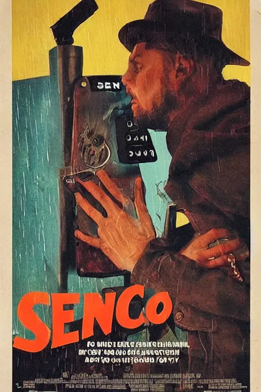 Image similar to a movie poster for a movie called senor featuring a junkie making a payphone call in a thunderstorm in queens at night in the 1 9 9 0 s, similar to the exorcist