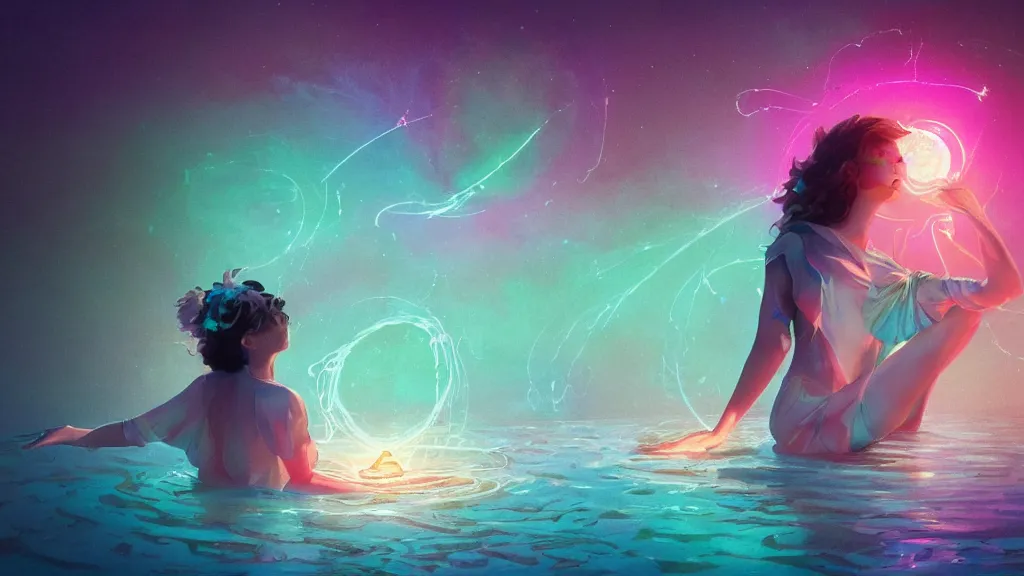 Image similar to a beautiful whimsical goddess floating above a lake basking in the moonlight, casting a spell, underneath a multi-colored binary blackhole with an accretion disc, glowing trails following her arms, acidwave, by Lois van Baarle, by Greg Rutkowski, by artgerm, by beeple, by studio ghibli, cinematic angle, volumetric lighting, 4k resolution, octane render, trending on artstation, masterpiece