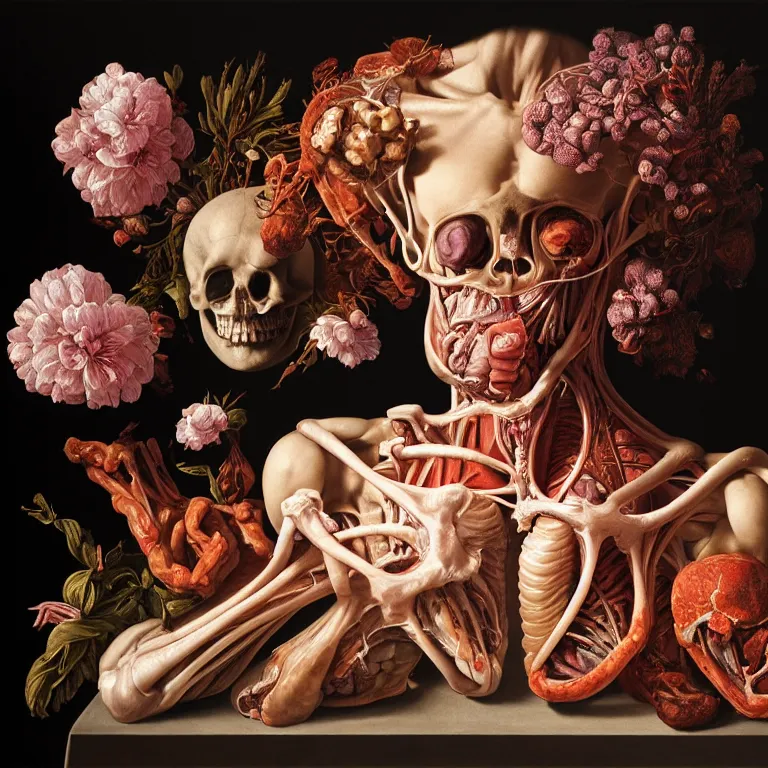 Prompt: still life of anatomical painting of ribbed human, covered with white meat and flowers, dream - like, baroque portrait painting, perfect composition, beautiful detailed intricate detailed octane render, unreal engine 5, trending on artstation, 8 k, photorealistic, volumetric cinematic perfect light, chiaroscuro, masterpiece, raphael, caravaggio, beksinski, giger