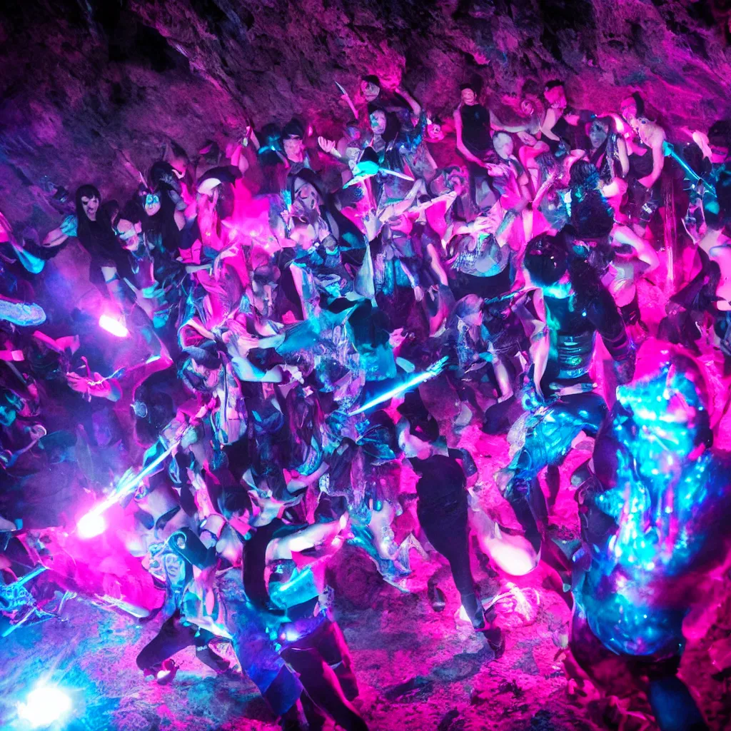 Image similar to cinematic shot of a goth disco in a cave, holographic knives!!! with pink lasers and blue crystals, brutal weapons!!! holographic knives!!! goth people dancing, dark evil ritual, 8 k photograph