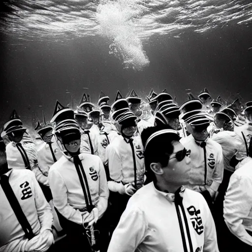 Image similar to Underwater photo of a marching band by Trent Parke, clean, detailed, Magnum photos