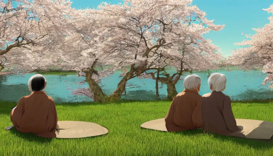 Prompt: back view of an old japanese couple watching the sun while sitting on the grass, cherry blossoms, lake, forest, village, happiness, jiro taniguchi, hyperdetailed, artstation, cgsociety, 8 k