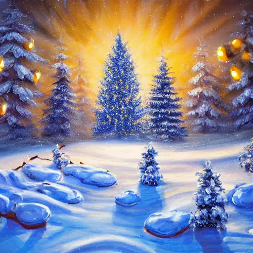 Image similar to detailed 4k oil painting winter landscape with snow and christmas trees with glowing lights and bulb ornaments