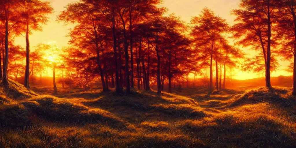 Image similar to golden hour nature landscape, oil painting, ultra realistic, highly detailed, hd, sharp focus, cinematic lighting, warm colors, realistic, photorealistic, vivid colors, painting, non blurry, sharp, smooth, illustration