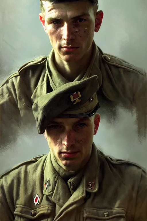 Image similar to hyperrealist portrait of a ww 2 soldier by jeremy mann and alphonse mucha, fantasy art, photo realistic, dynamic lighting, artstation, poster, volumetric lighting, very detailed faces, 4 k, award winning