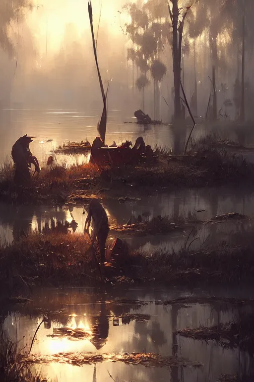 Image similar to greg rutkowski swamp community fish people