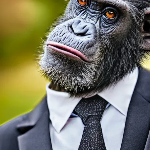 Prompt: a high detail closeup photograph of a chimpanze wearing a suit 👔, award wining photograph, digital art