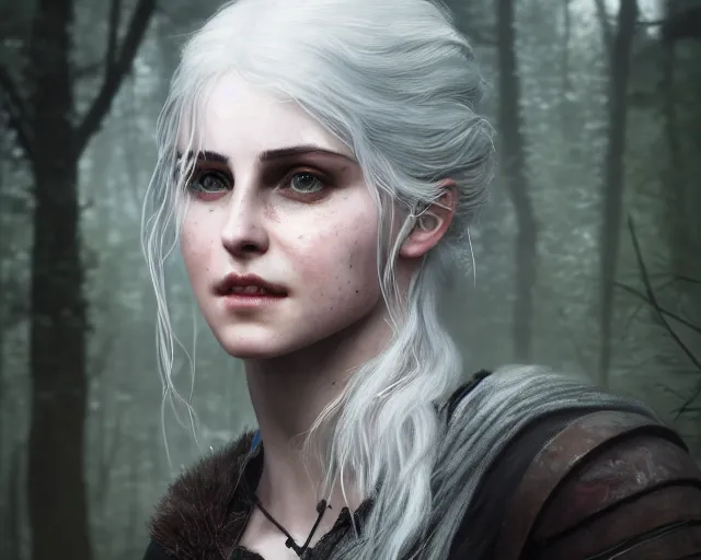 Prompt: 5 5 mm portrait photo of a real life ciri with a face scar, in a magical forest. dark atmosphere. art by greg rutkowski. highly detailed 8 k. intricate. lifelike. soft light. nikon d 8 5 0.
