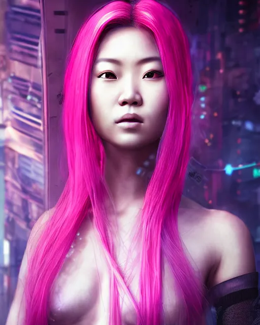 Image similar to portrait of a beautiful asian woman with pink hair as a cyberpunk cyborg, sci - fi, missing panels, intricate abstract upper body intricate artwork, concept art, octane render, deviantart, cinematic, key art, hyperrealism, iridescent accents, portrait photograph, nikon 3 5 mm, photograph by annie leibovitz and steve mccurry, greg rutkowski