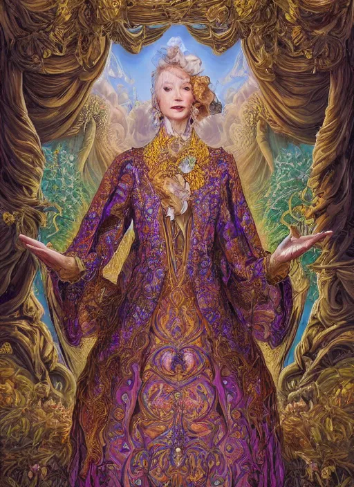 Image similar to beautiful oil painting, full length portrait of dauphinois in baroque coronation robes 1701, Dan Mumford, Dan Mumford, Alex grey, highly detailed , lsd visuals, dmt fractal patterns, hallucinogen, visionary art, psychedelic art, ornate, vaporwave, baroque, Greg rutkowski