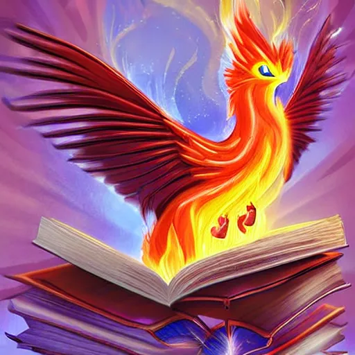 Prompt: a cute flaming mythical firebird reading a book in a library #epic-3D-digital-artwork