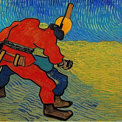 Prompt: samurai fights robots by van gogh