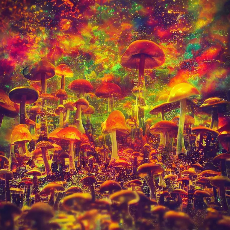 Image similar to double exposure of dally life, symbols of live, explosion, cyber mushroom city, love is the most relevant theme, love is infinity, love is begin of all, 8 k resolution, artistic mode, artistic, trending on instagram, long exposure, love art, serious, fantasy and dreams vibes, mushrooms style and macro style, colorful picture