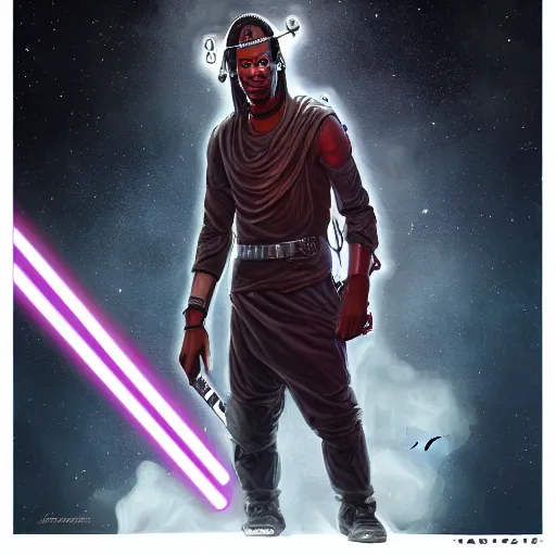 Prompt: Travis Scott as a Jedi, digital art, trending on ArtStation, concept art, high detailed, high quality,