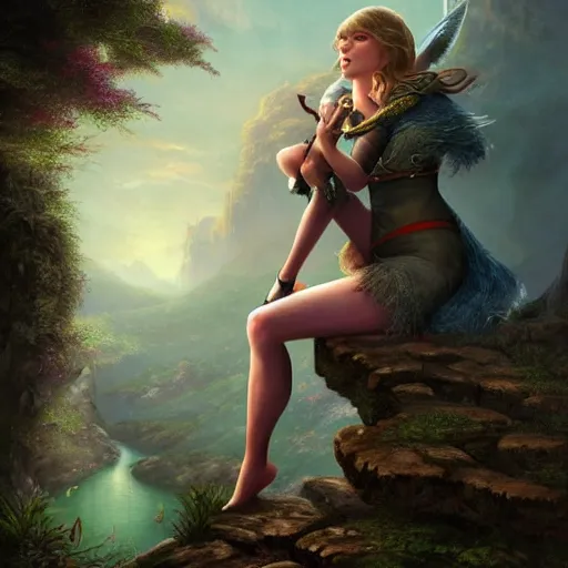 Image similar to alluring illustration taylor swift, sitting on the edge of a cliff overlooking a forested valley, clothed in a chesty fantasy outfit, 8k resolution matte fantasy painting, cinematic lighting, DeviantArt, Artstation, Jason Felix Steve Argyle Tyler Jacobson Peter Mohrbacher