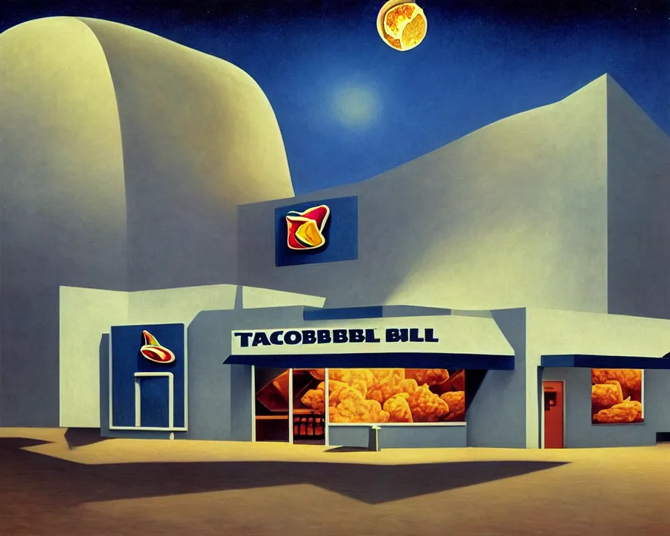 Image similar to !dream an achingly beautiful print of a Taco Bell restaurant on a lunar base by Raphael, Hopper, and Rene Magritte. detailed, romantic, enchanting, trending on artstation.