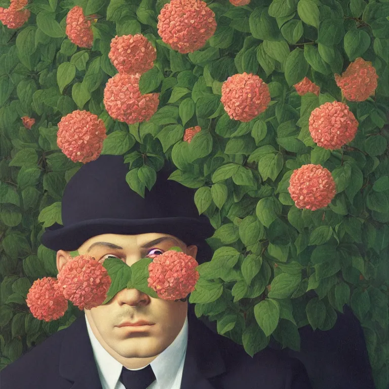 Prompt: portrait of a man, face hidden by beautiful flowers, by rene magritte, detailed painting, hd, hq, high resolution, high detail, 4 k, 8 k