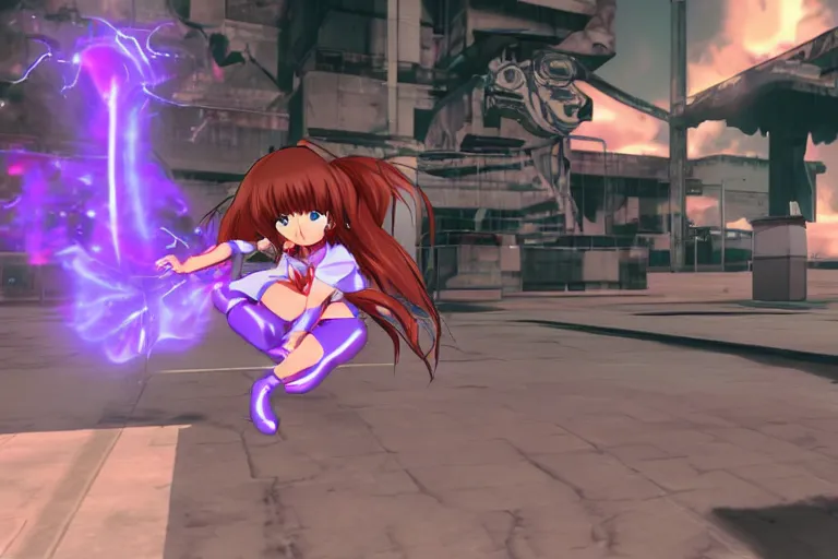 Image similar to an anime girl in a screenshot of the video game doom, the anime girl is running