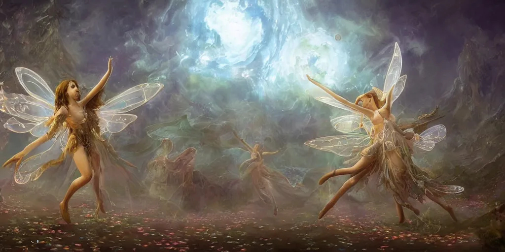 Image similar to concept art of translucent glowing fairies dancing, lovecraftian, renaissance, melting, round moon, rich clouds, fighting the horrors of the unknown, moon rocks, very detailed, volumetric light, mist, fine art, decaying, textured oil over canvas, epic fantasy art, very colorful, ornate intricate shiny scales