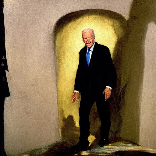 Image similar to president biden emerging from an underground white house, francisco goya oil painting